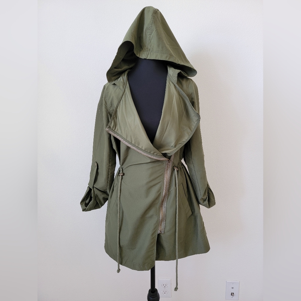 Olive Hooded Drawstring Trench Coat - Women